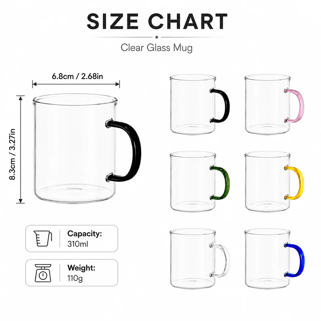 6PCS 310ml Clear Straight Glass Mugs with Color Handles 6 Assorted Colors Household Coffee Cups Ideal for Tea Latte and Water