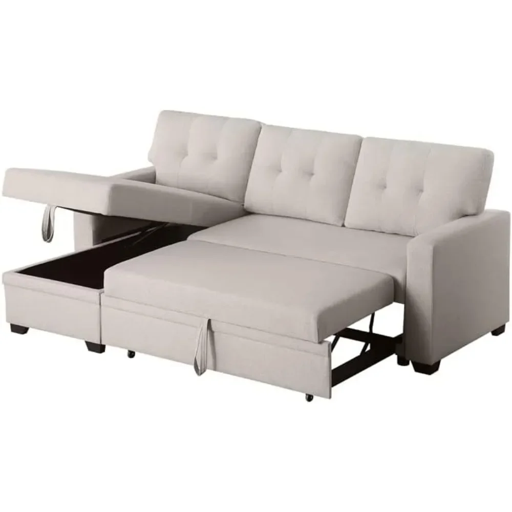 Contemporary Reversible Sectional Sleeper Sectional Sofa with Storage Chaise in Beige Fabric