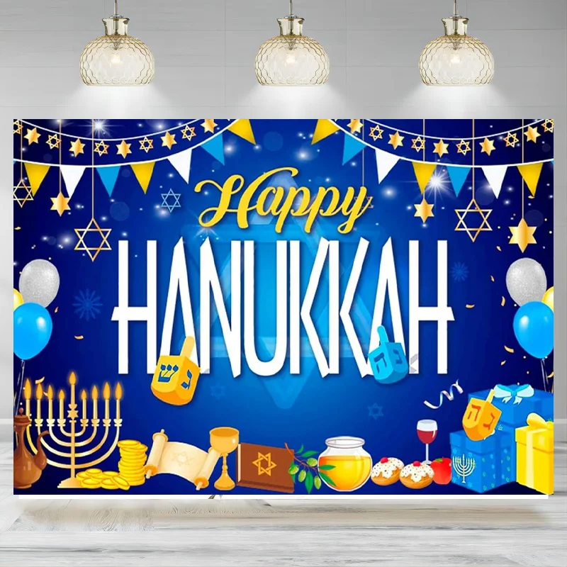 Happy Hanukkah Backdrop Party Decorations Jewish Chanukah Photography Background Menorah Blue Shiny Lamps Festive Day Banner