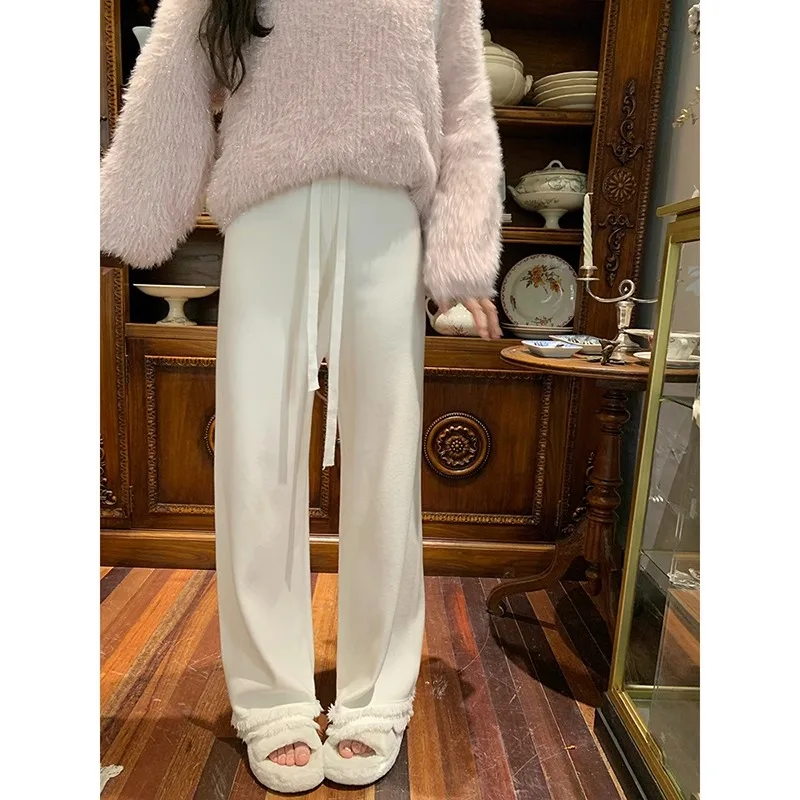 White Tassel Knitted Wide-leg Pants for Women in Winter, Loose, Slim, High-waisted, Casual Straight-leg Floor-length Pants