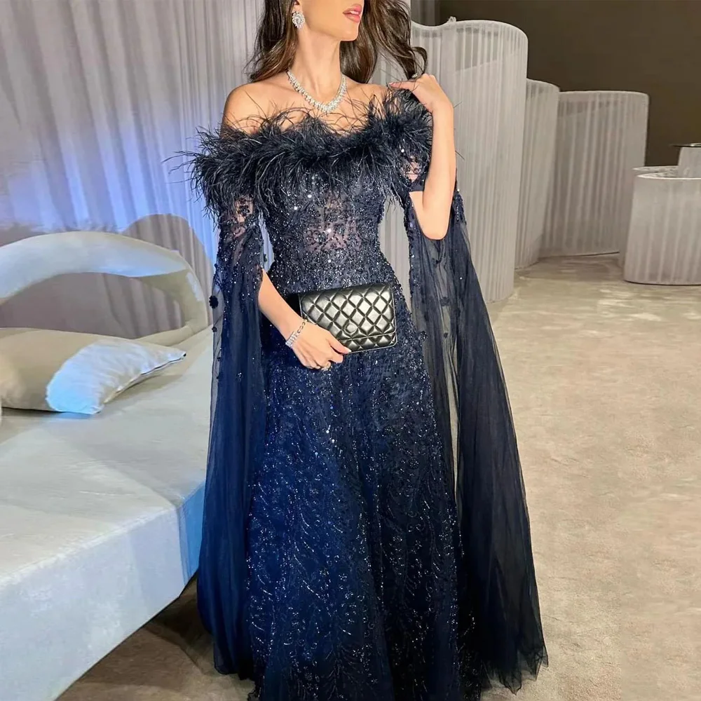 Luxury Navy Evening Dress Boat Neck Feathers Heavy Sequined Tulle A Line Saudi Arabic Prom Gown Formal Party Dresses Arabian