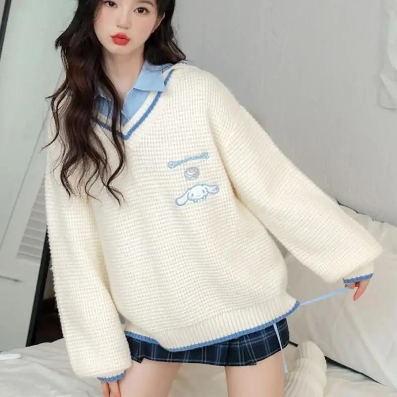 Kawaii Sanrio Kuromi Cinnamoroll Knitted Sweater Anime Cartoon Embroidered Loose Cute Top Kawaii Cute Sweet Clothing Gift Girl