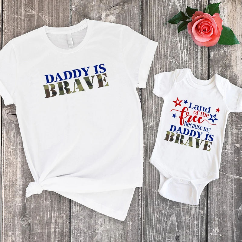 Land of The Free Because My Daddy Is Brave 4th of July Shirt Summer Military Kid Tshirt Home Coming Family Matching Clothes