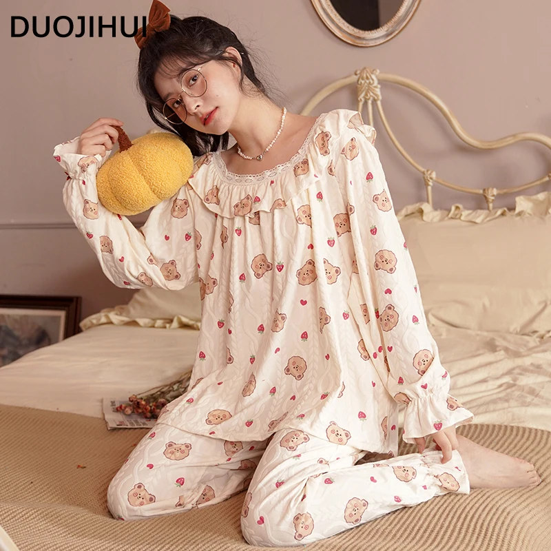 DUOJIHUI Sweet Chic Print Casual Home Women's Pajamas Set Autumn New Simple Long Sleeve Top Loose Pant Fashion Female Sleepwear