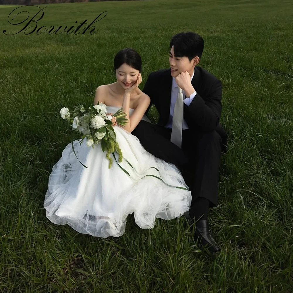 

Bowith Simple Pastrol Korean Wedding Snap Dresses Customized Outdoor Bridal Dresses Tulle Strapless Reception Dresses