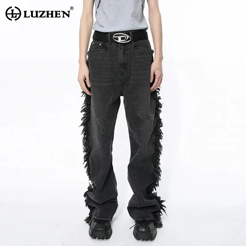 LUZHEN Vibe Men's Jeans High Street Autumn Personality New Ragged Edge Splicing Denim Pants Trendy Designer Male Trousers LZ5793