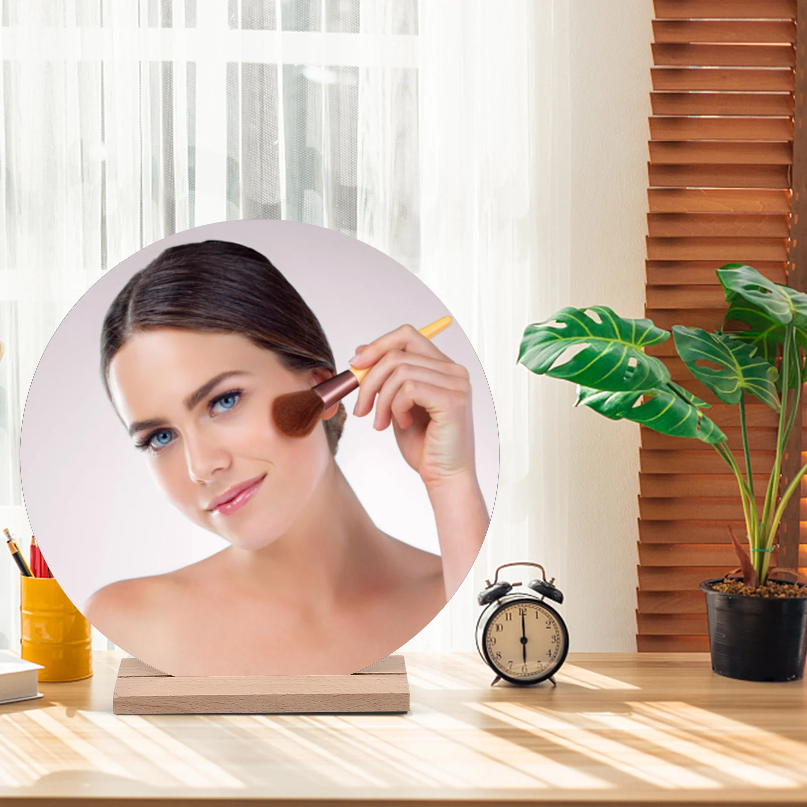 Desktop Acrylic Mirror Wooden Base Irregular Shape Stylish Makeup Mirror Vanity Bedroom Decorative Aesthetic Desk Decor