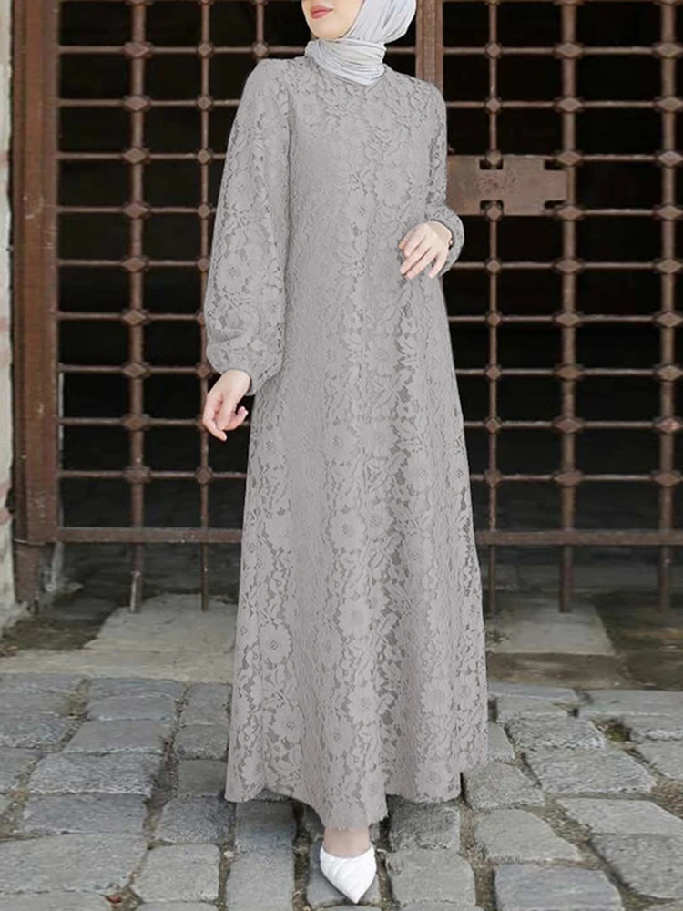 ZANZEA Women Elegant Long Sleeve Lace Crochet Muslim Dress Autumn Turkey Abaya Hijab Sundress Dubai Islamic Clothing Robe Femme