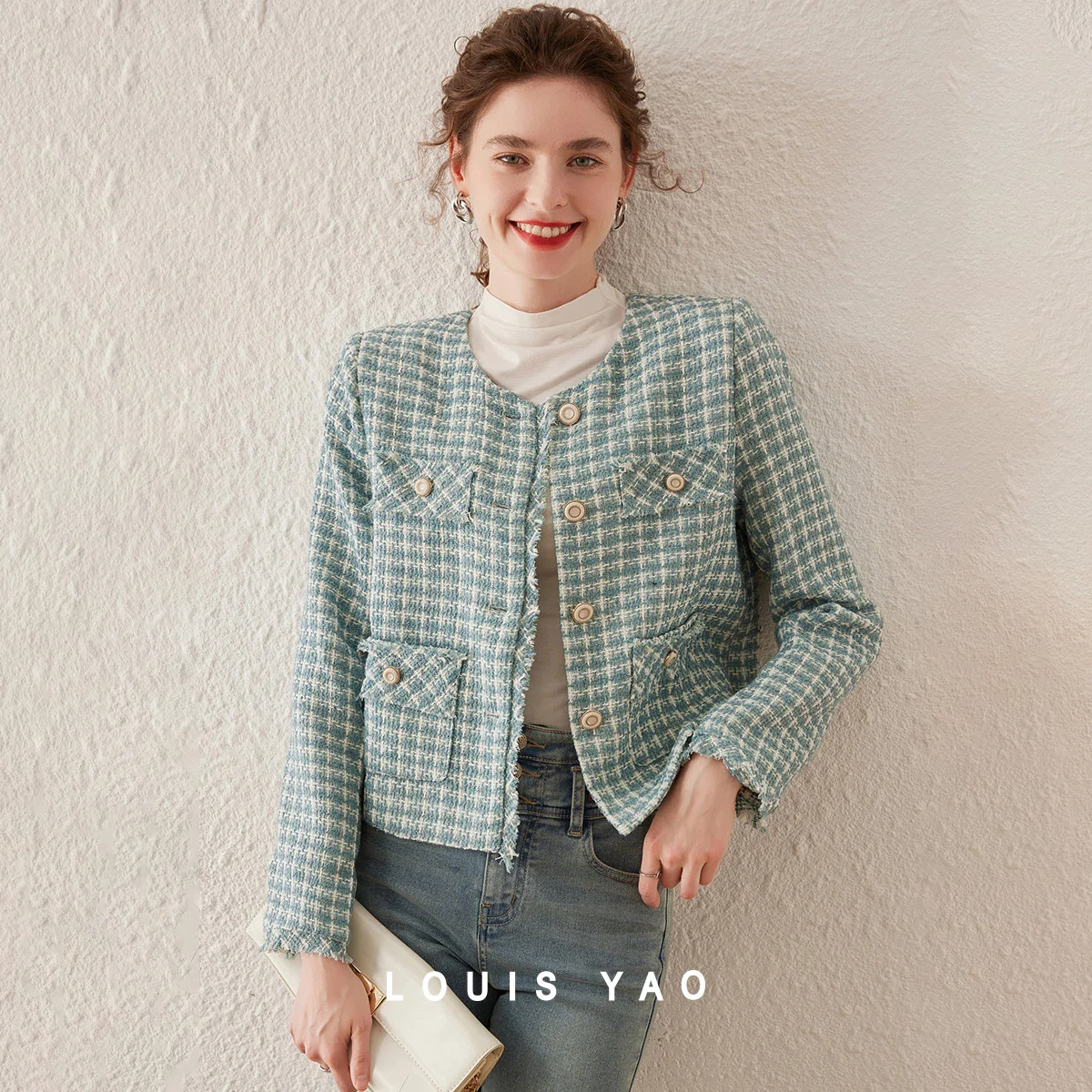 

LOUIS YAO женские куртки 2022, весна/осень, элегантный модный пригородный кардиган с круглым вырезом, женский топ