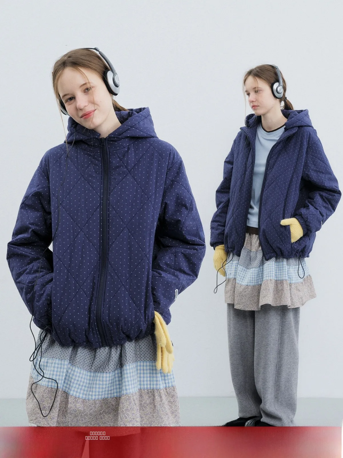 

Женская утепленная хлопковая куртка KOKOASOKO, новое зимнее свободное пальто с капюшоном, с принтом в горошек и ромбы