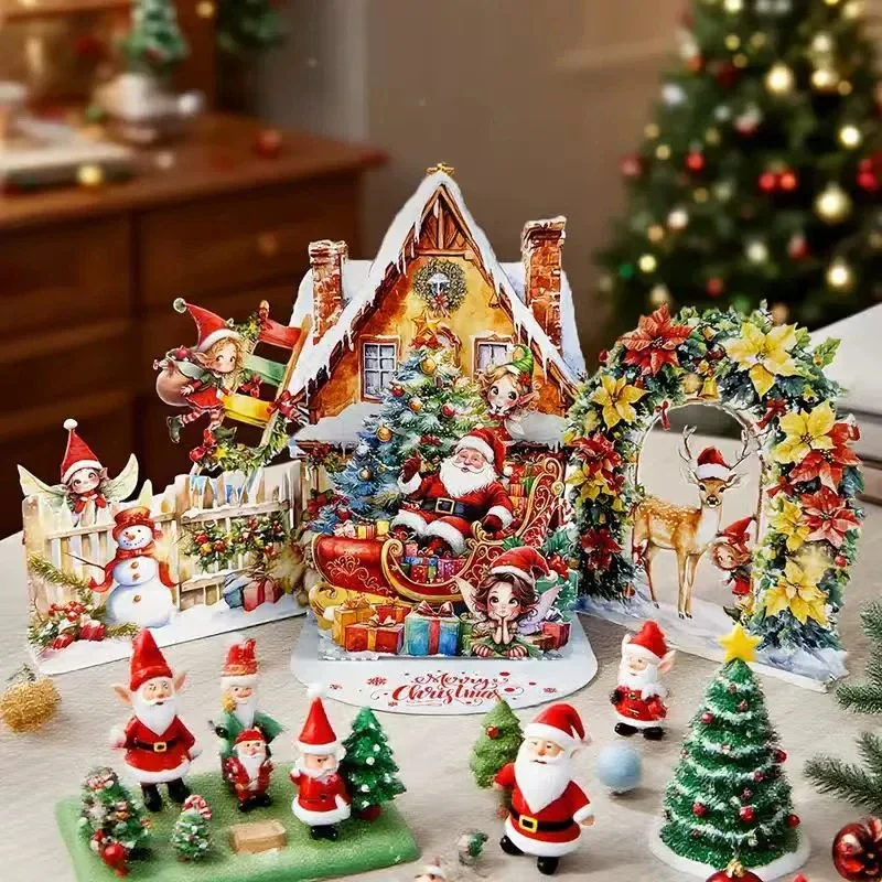 3D Christmas Card Night Before Christmas Scene With Santa, Reindeer, Snowy Village & Moonlit Sky Festive Holiday Greeting Card F
