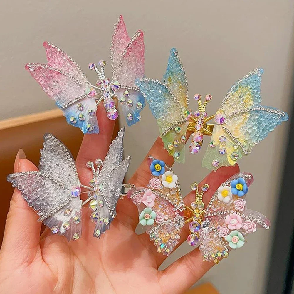 

4Pcs 3D Floral Rhinestone Gradient Butterfly Hair Barrette, Multi-use Sheer Organza Side Clip for Daily Styling and Fan Gifting