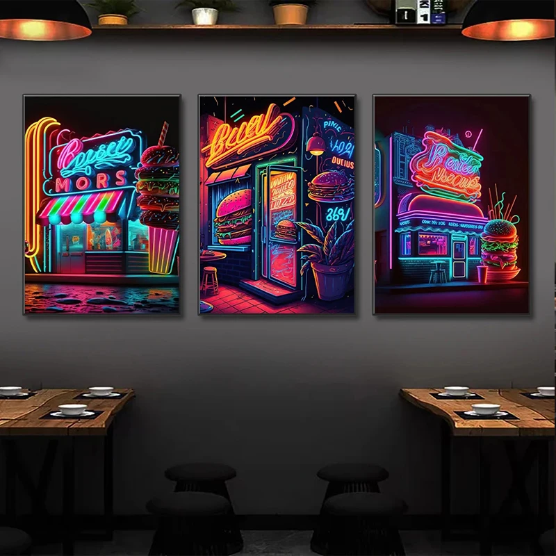 Neon Art Pizza Hamburger Coffee Ice Cream Poster Wall Canvas Painting Prints Pictures Fast Food Restaurant Club Bar Home Decor