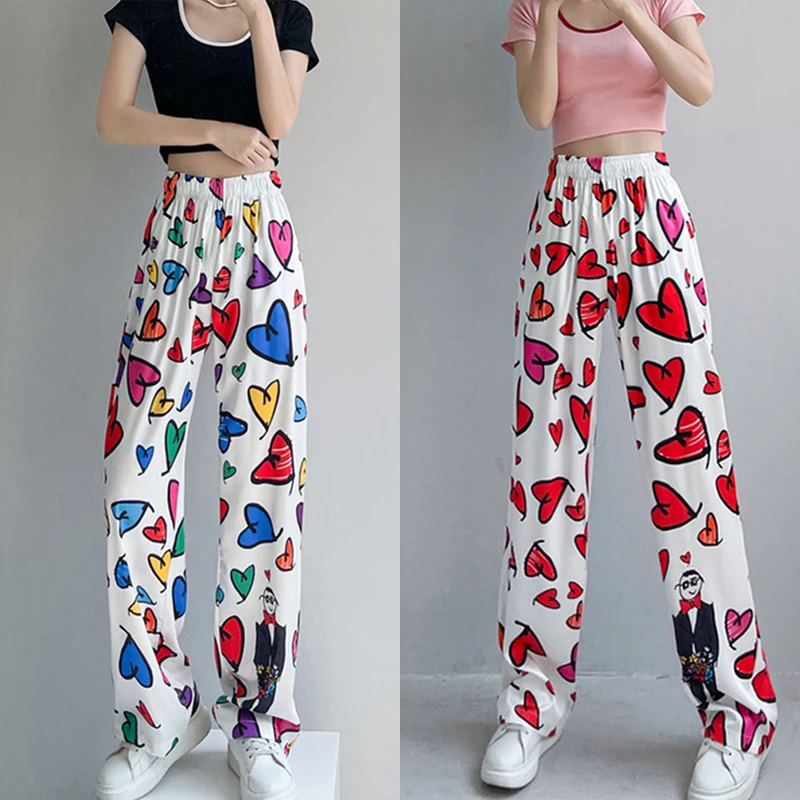 

2022 Summer Jazz Pants Tide Love Graffiti Trousers Colorful Wide-Leg Pants Hip Hop Modren Dance Pants Festival Outfit XS4359