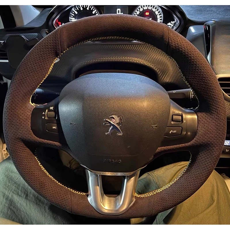

For Peugeot 308 2008 207 307 408 508 2016-2022 Car accessories Hand Stitched Anti slip suede Car Steering Wheel Cover