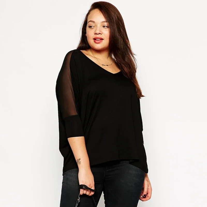 

Plus Size Summer Elegant Loose Blouse Women 3/4 Batwing Sleeve Mesh Panel Black Loose Oversize Top Large Size Casual T-shirt 6XL