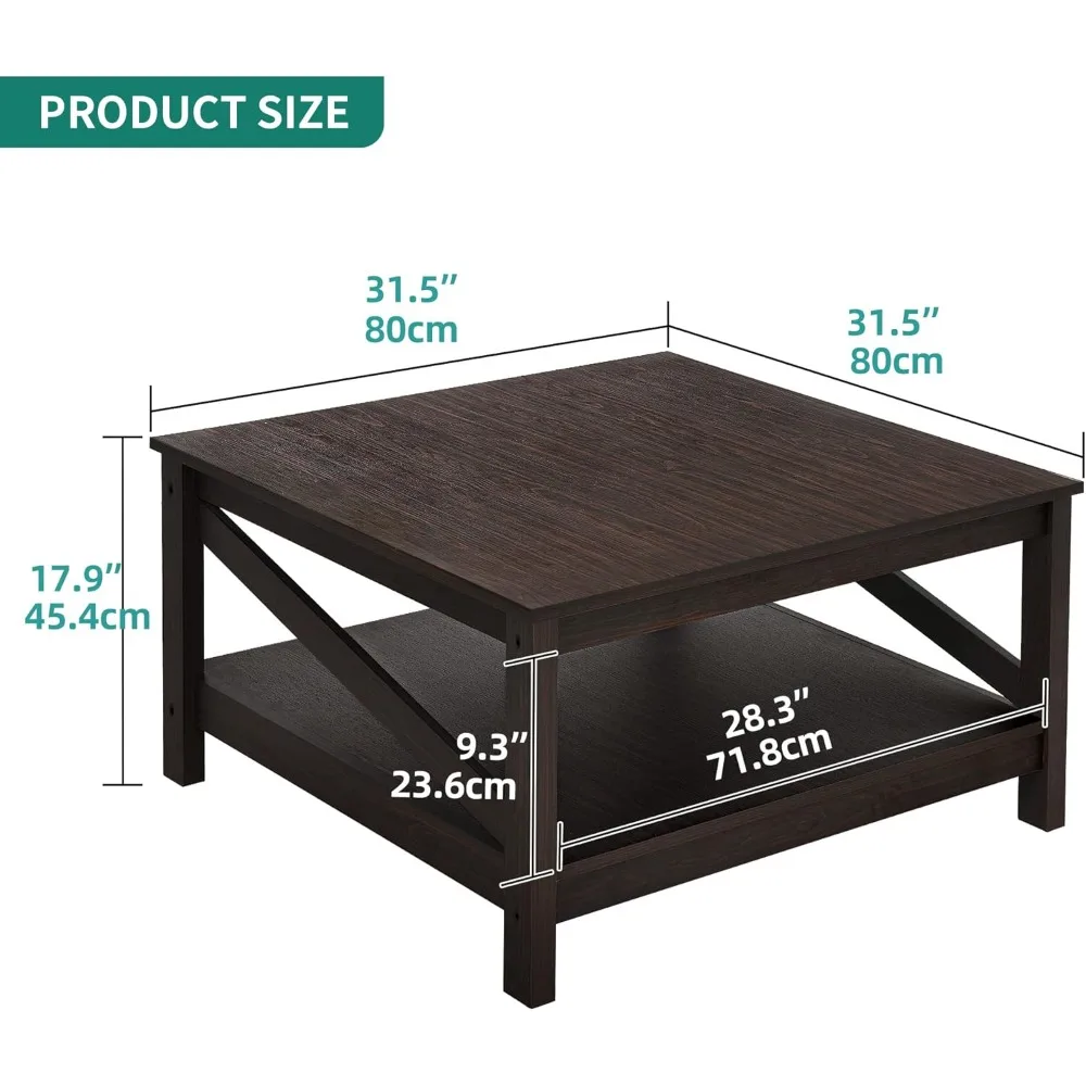 Mesas de centro quadradas de 2 camadas com armazenamento, mesa de centro para sala de estar, mesa de centro para casa, sala de estar de madeira