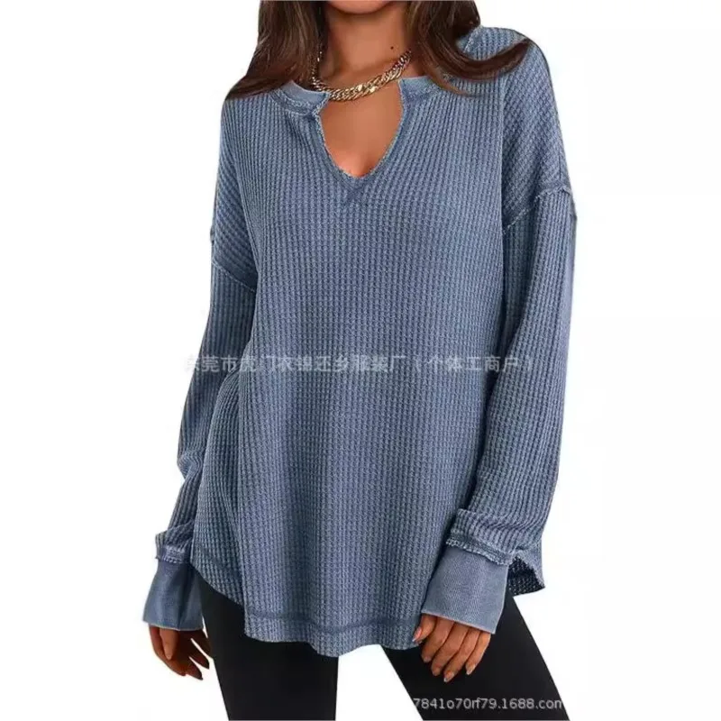 Casual Simple Waffle Knited Pullover Top 2025 Autumn Solid color Notch V-Neck Collar Long Sleeved Top with Split Home Sportswear