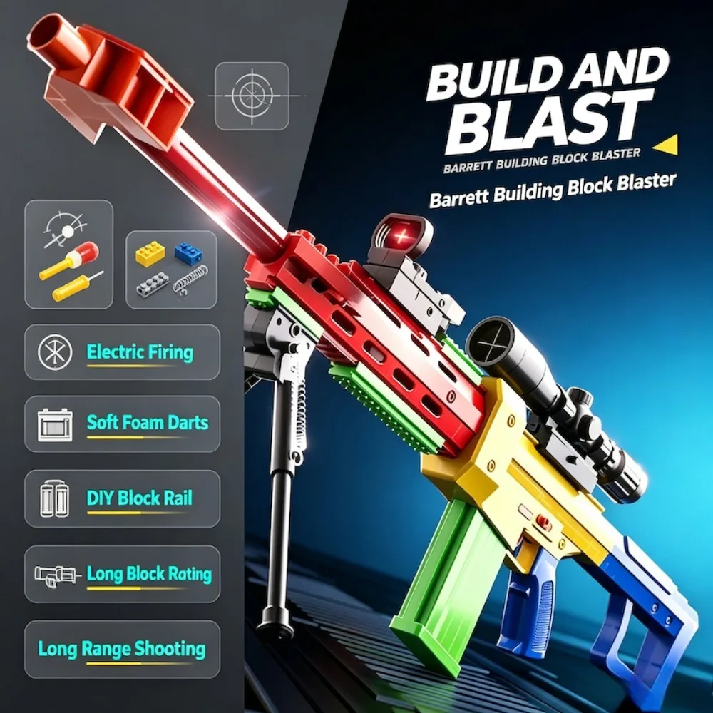 Colorful Building‑Block‑Style Barrett Electric Soft Bullet Toy Gun Rechargeable with Scope and Bipod for Outdoor Shooting Game