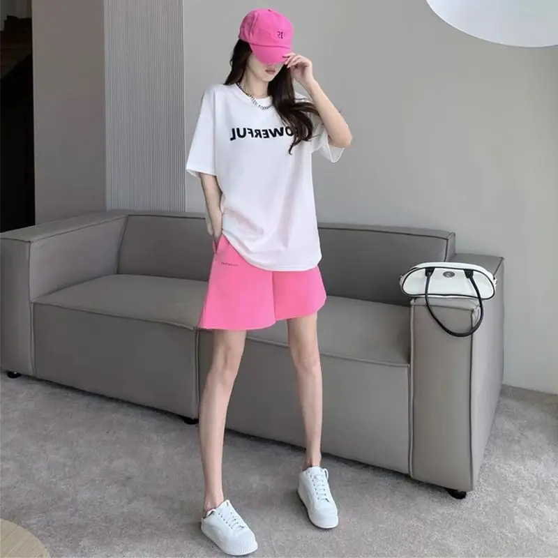 Summer Casual Letter O-neck Short Sleeve Two-piece Suit Femme Simplicity Refreshing Elastic Waist Short Sets Fashion Matching