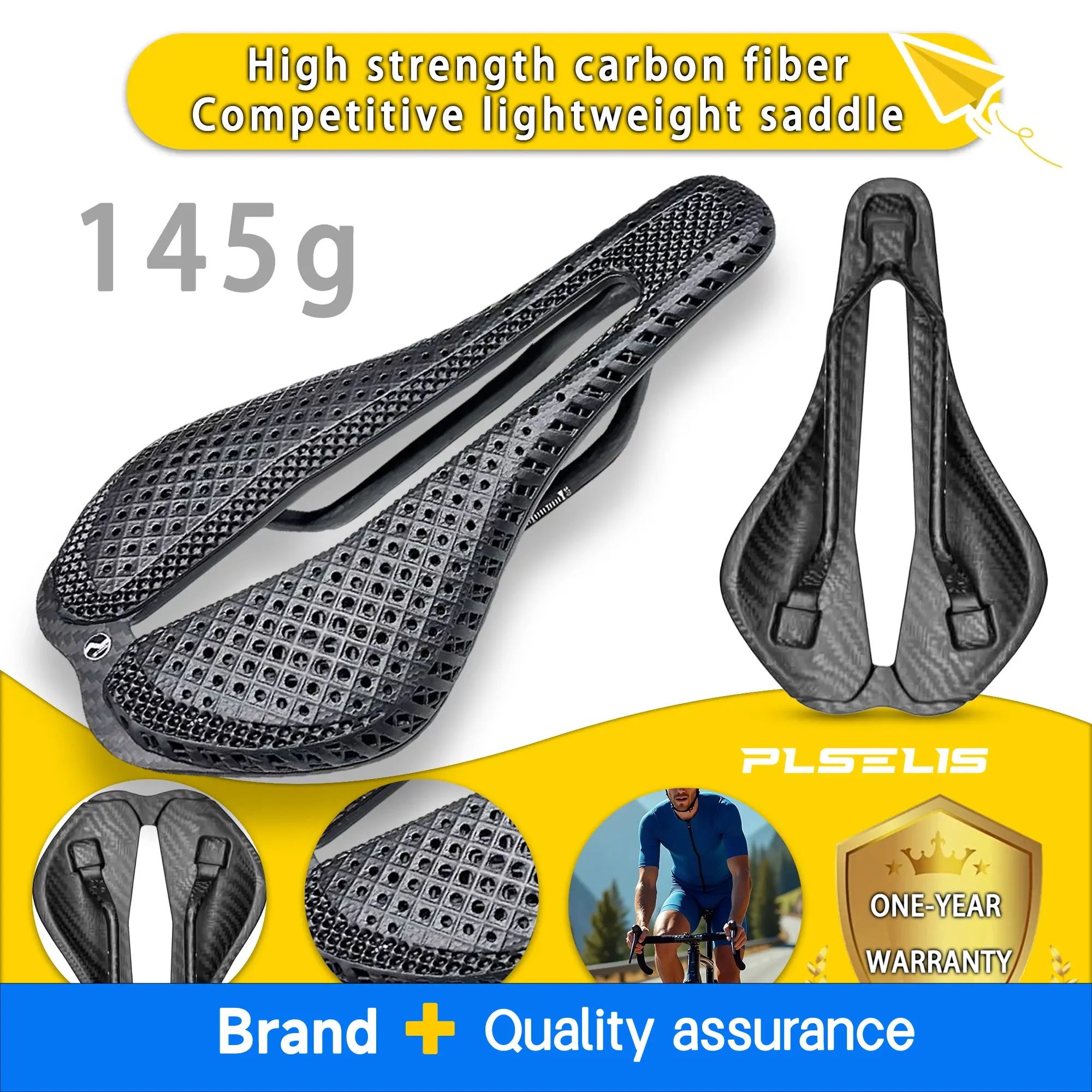 

Plselis road bike carbon fiber saddle competitive lightweight cushion 3D printing+integrated hollow design 145g riding cushion