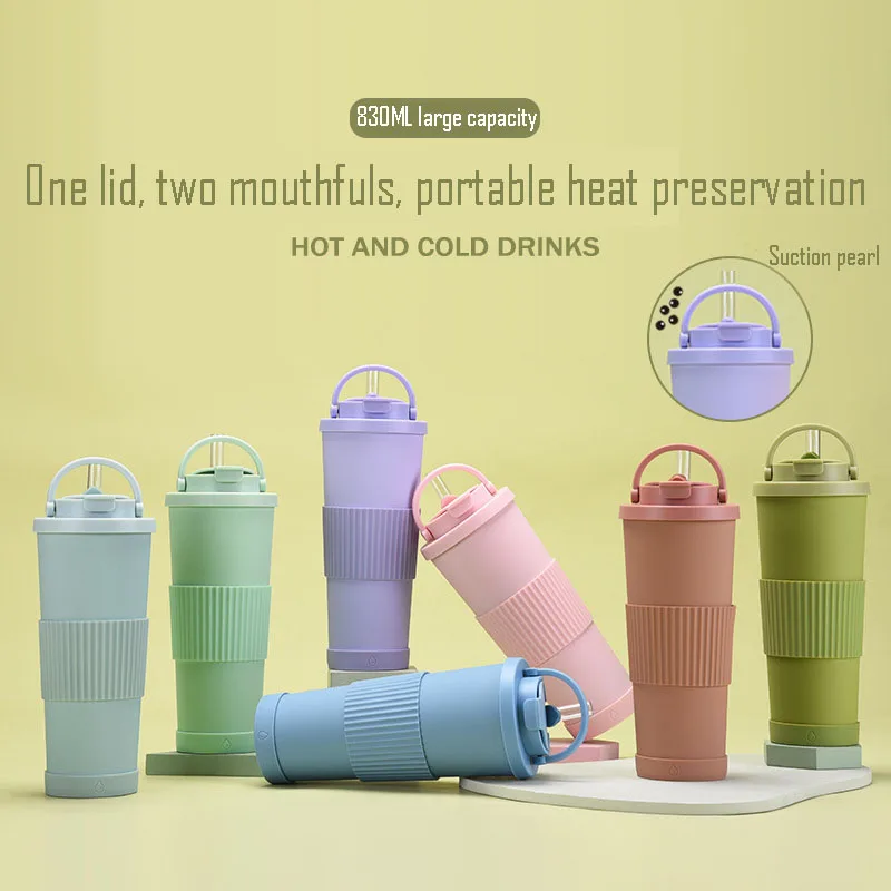 

830ML Thermos Cup With Large Hole Straw,With Handle,With Cup Sleeve,Double Drink,Double Stainless Steel,Vacuum,Water Bottle