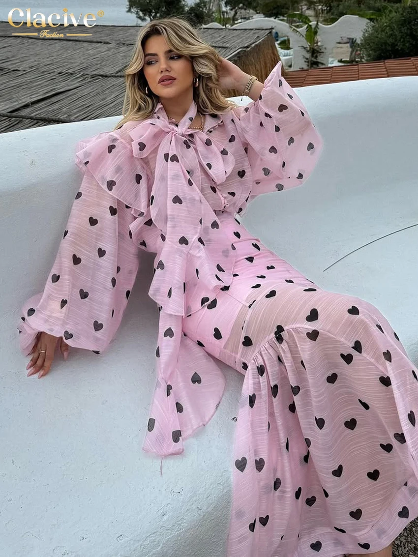 Clacive Set da due pezzi da donna con stampa ampia alla moda 2025 Elegante camicia a maniche lunghe con gonna lunga a vita alta Set streetwear