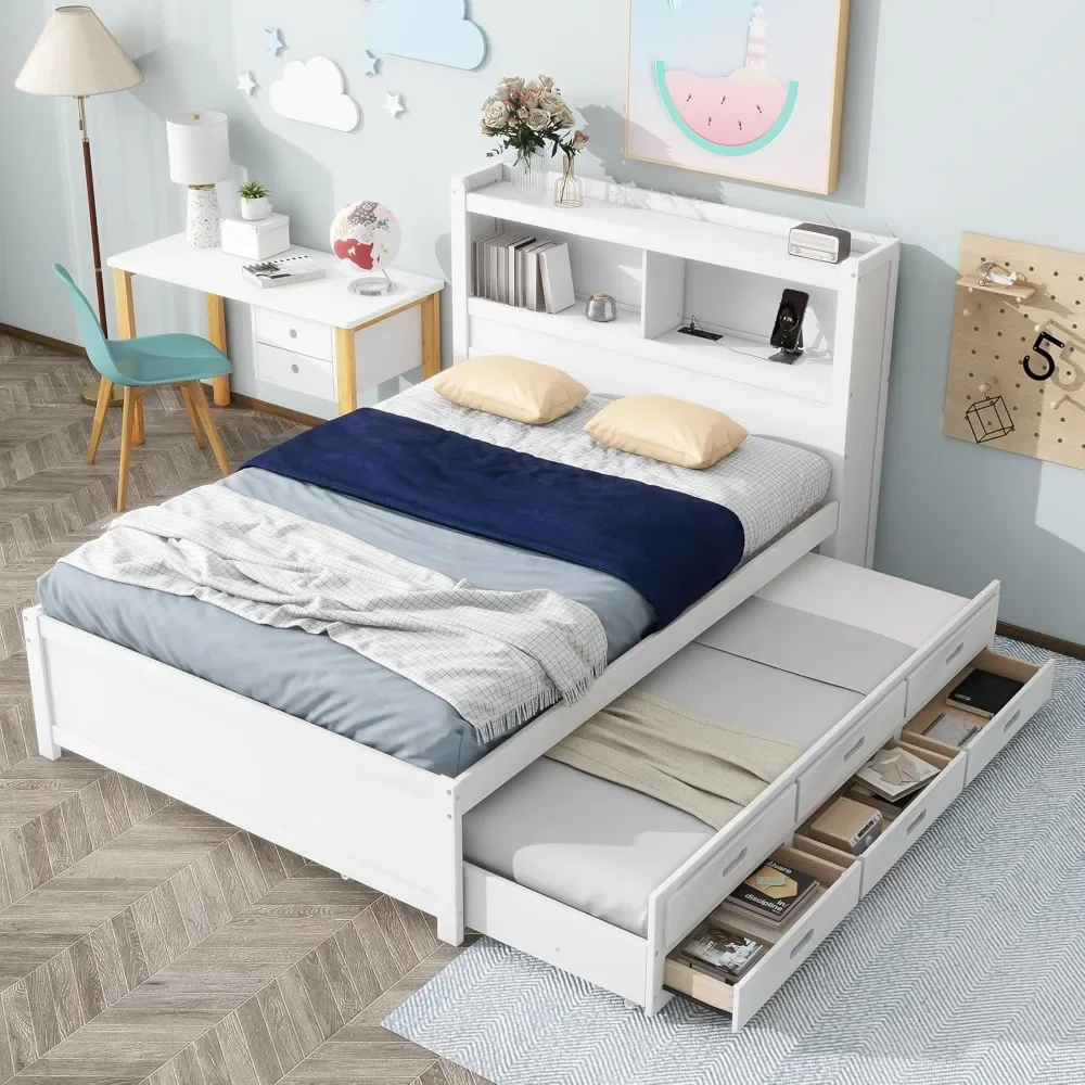 Hardwood Full Size Bed Frame, Full Size Platform Bed with Trundle, Drawers and Bookcase Headboard with USB Plugs