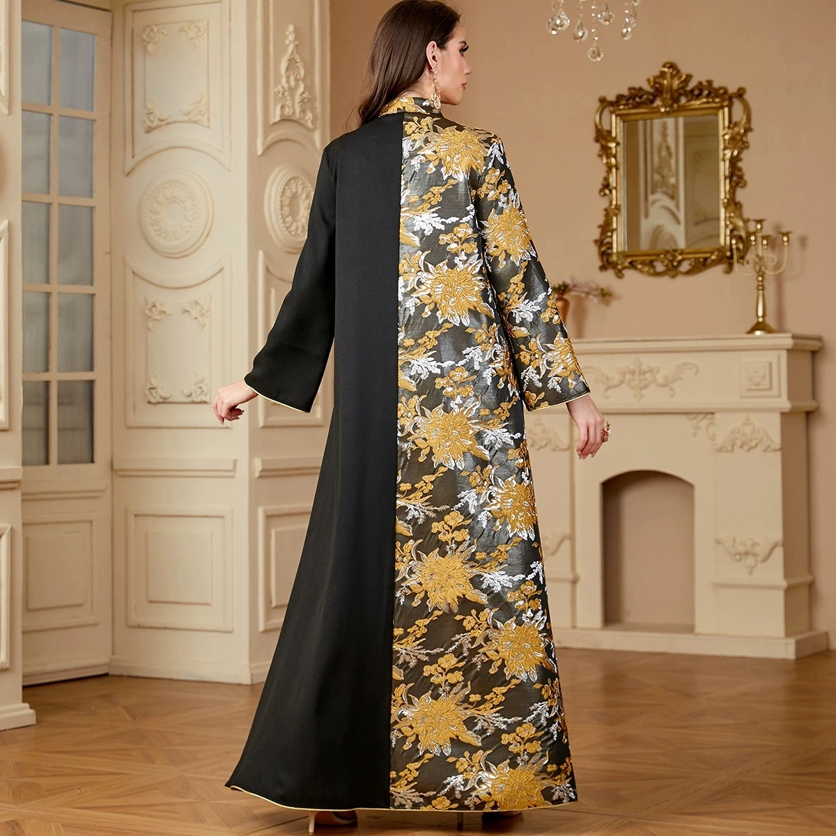 Ramadan Morocco Muslim Fashion Saudi Arabia Dubai Women's Jacquard Robe Contrast Splicing Long Dress V-neck Islamic Dress