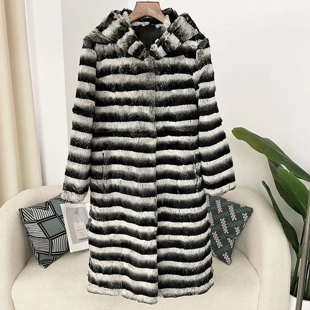 New Black White Fancy Long Fur Coat Winter Real Rabbit Fur Coat Women Fashion New Warm Comfortable Leather Fur Jacket