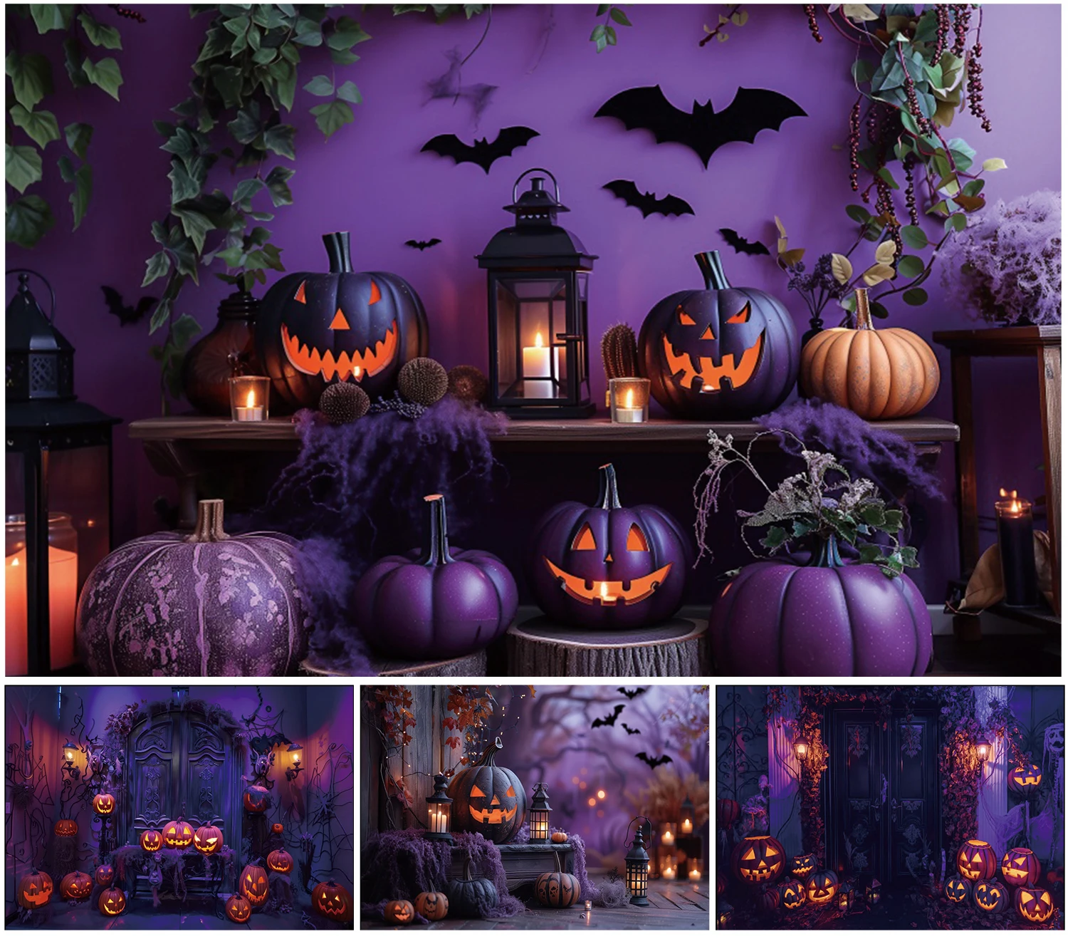 

Halloween Backdrop Horror Night Purple Castle Pumpkin Flower Spooky Bat Kids Portrait Halloween Photography Background Decor