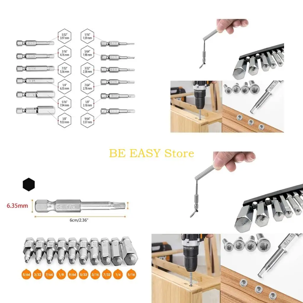 E28F 10Pcs Screwdriver Bits Strong Alloy Steel 5/64 3/32 7/64 1/8 9/64 5/32 3/16 7/32 1/4 5/16 10 in 1