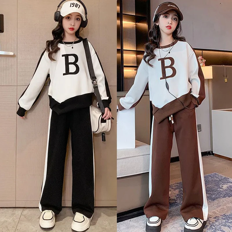 5 6 8 10 12 14 Years Teenagers Girls Clothing Set Spring Autumn Patchwork Letter Print Sweatshirt+Pants 2Pcs Outfit For Kids