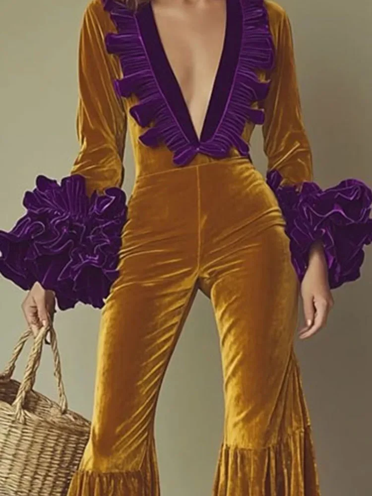 

Повседневный облегающий длинный комбинезон с v-образным вырезом и рукавами-лепестками, модный расклешенный комбинезон с высокой талией, женский элегантный бархатный комбинезон с цветочным принтом