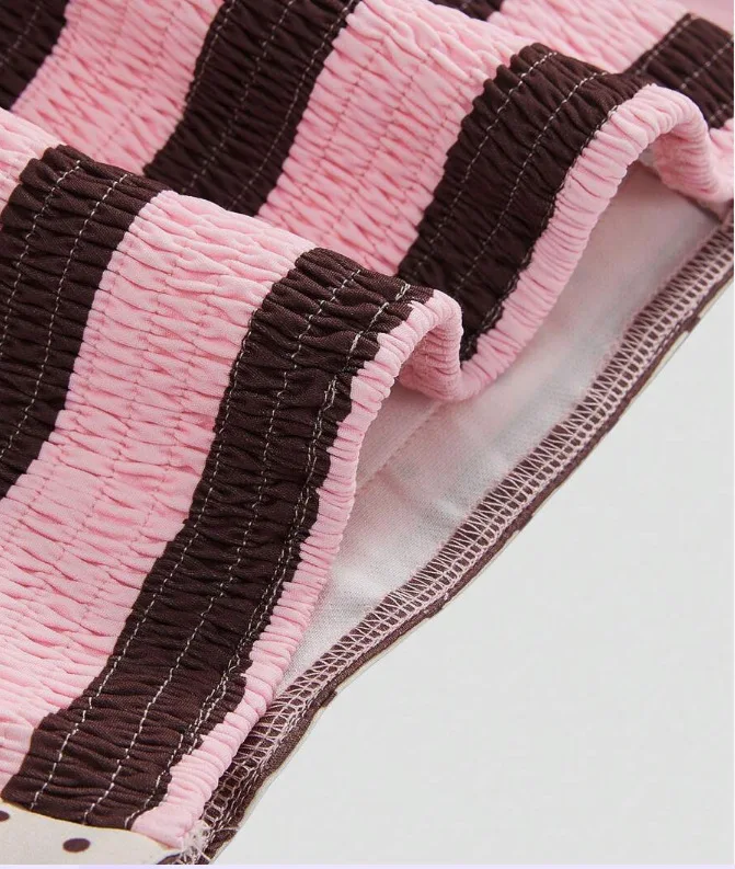Gestreiftes, gepunktetes, trägerloses Top für Mädchen mit Taillenbetonung, Sommer-Damen-Top mit Schleife und Wickeloptik, eng anliegendes, tailliertes Kurztop – Detail 4