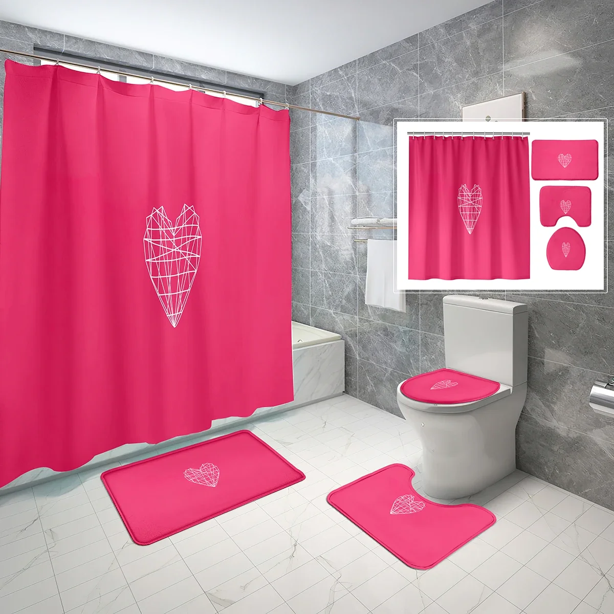 4 Pcs Pink Heart Shower Curtain Sets with Toilet Lid Cover and Non-slip Bath Mat Modern Lovers Waterproof Shower Curtain Set