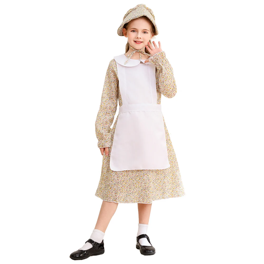 

Halloween Colonial Prairie Pioneer Girl Costume Victorian Medieval Pastoral Style Dress Farm Maid Show Costume