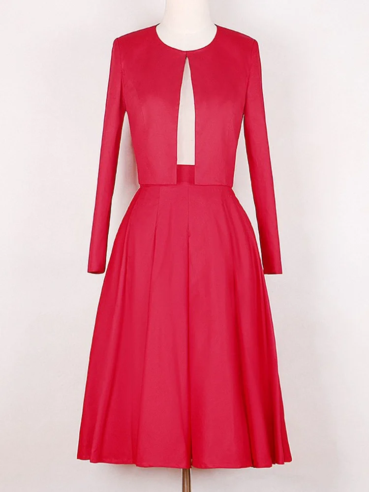 Pure color retro elegant temperament women cocktail party dress fashion commuting short coat half skirt business elite red suit