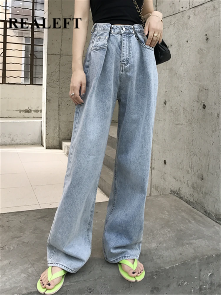 

REALEFT High Waist Denim Women's Wide Leg Pants 2022 New Autumn Retro Washed Streetwear Straight Casual Trousers Jeans Female