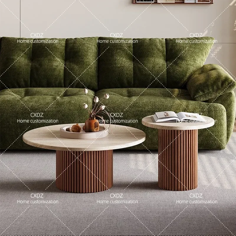 Travertine Stone Slab Coffee Table Set Round Modern Wabi Sabi Style Living Room Furniture for Small Apartment Home Decor
