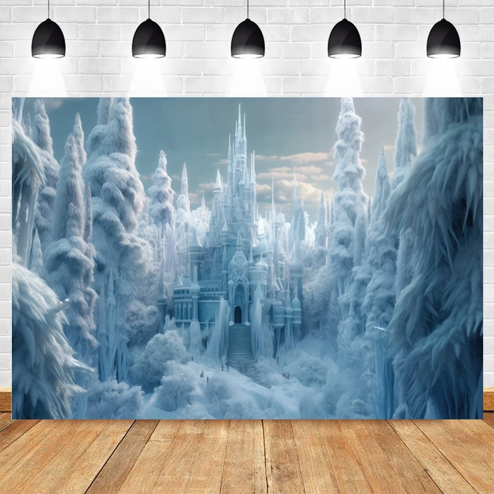 Toile de Fond de Château de Glace au Pays des Merveilles d'Hiver, Paysage de Neige Blanche, Conte de Fées, Princesse, Anniversaire de Fille, Portrait de Bébé, Arrière-Plan de Photographie