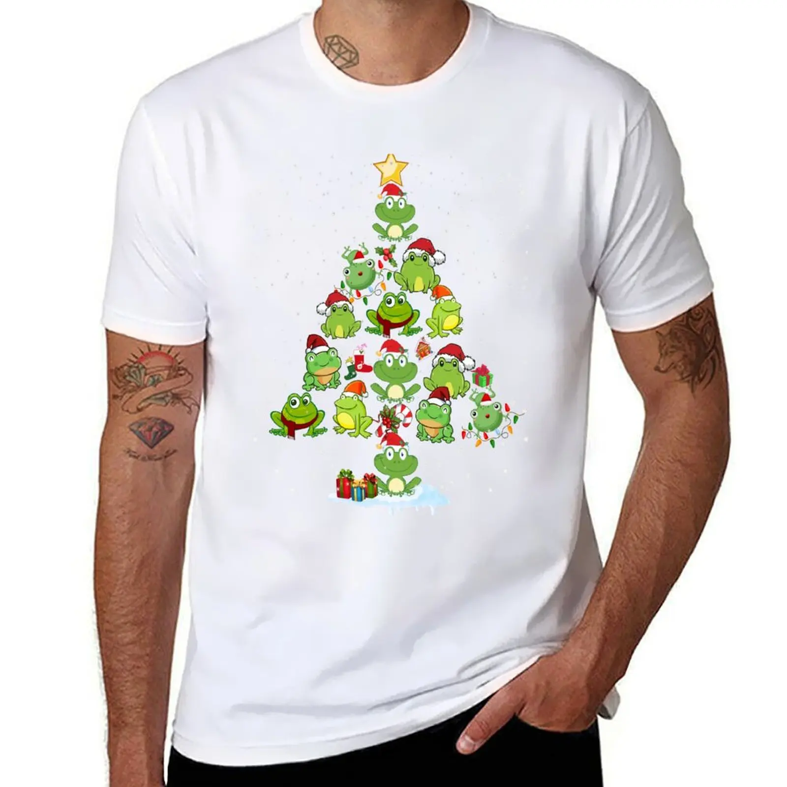 Cute-Frog-Christmas-Tree-Gift-Decor-Xmas-Tree T-Shirt Basic Short Sleeve Cotton Blend T-Shirt