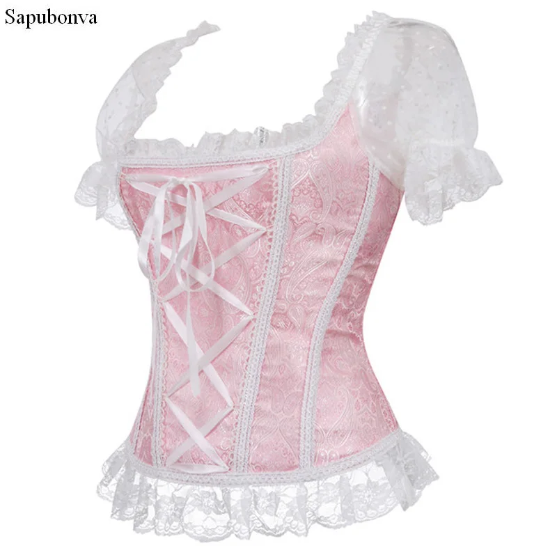 Sapubonva satynowe gorsety i gorsety gotyckie sznurowane kamizelki Overbust gorsety paski na ramionach Brocade Corselet dla kobiet Steampunk
