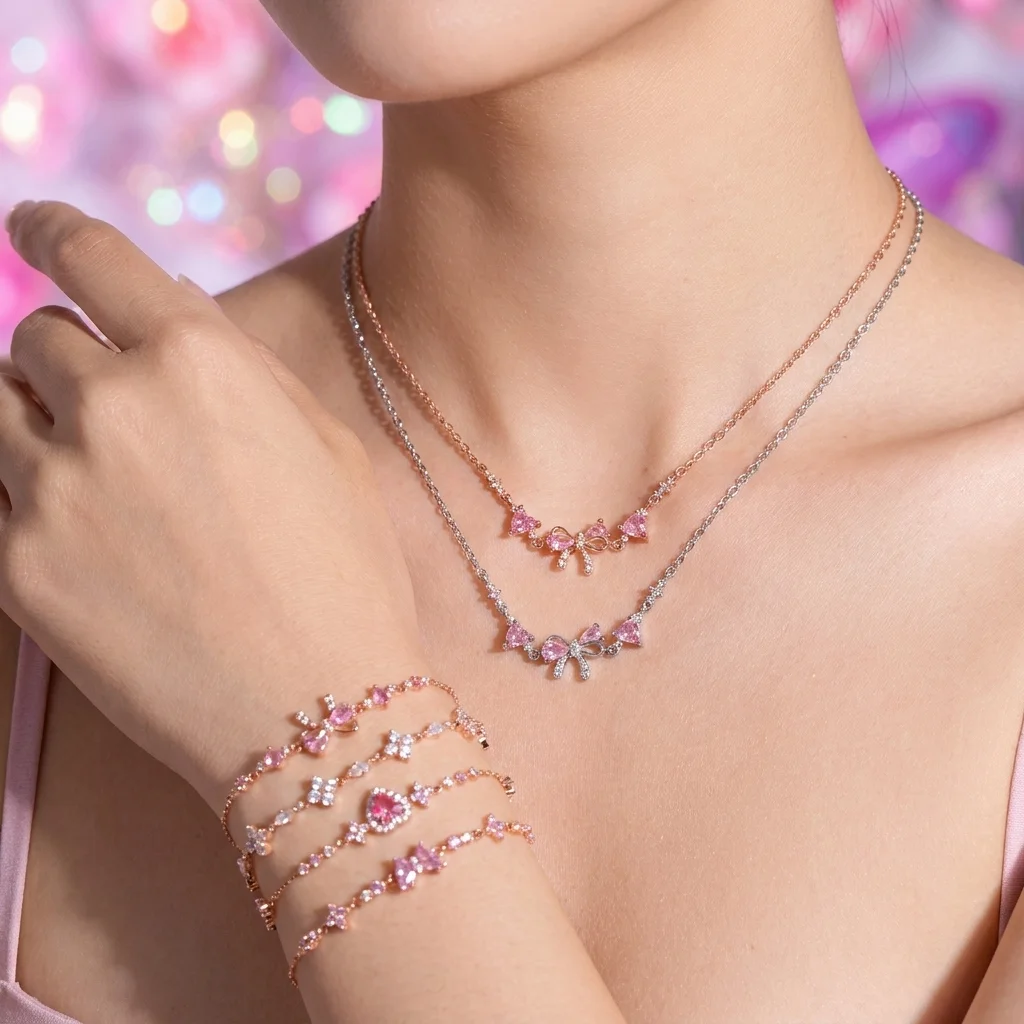 Süße und liebliche Halskette im Ins-Stil, herzförmige Zirkon-Schleifenkette, Valentinstagsgeschenk für Frauen – Detail 2