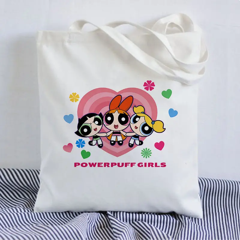 حقيبة كتف قماشية عصرية مطبوعة لطيفة للفتيات من كارتون The Powerpuff حقيبة يد نسائية صديقة للبيئة قابلة للطي حقيبة تسوق ذات سعة كبيرة