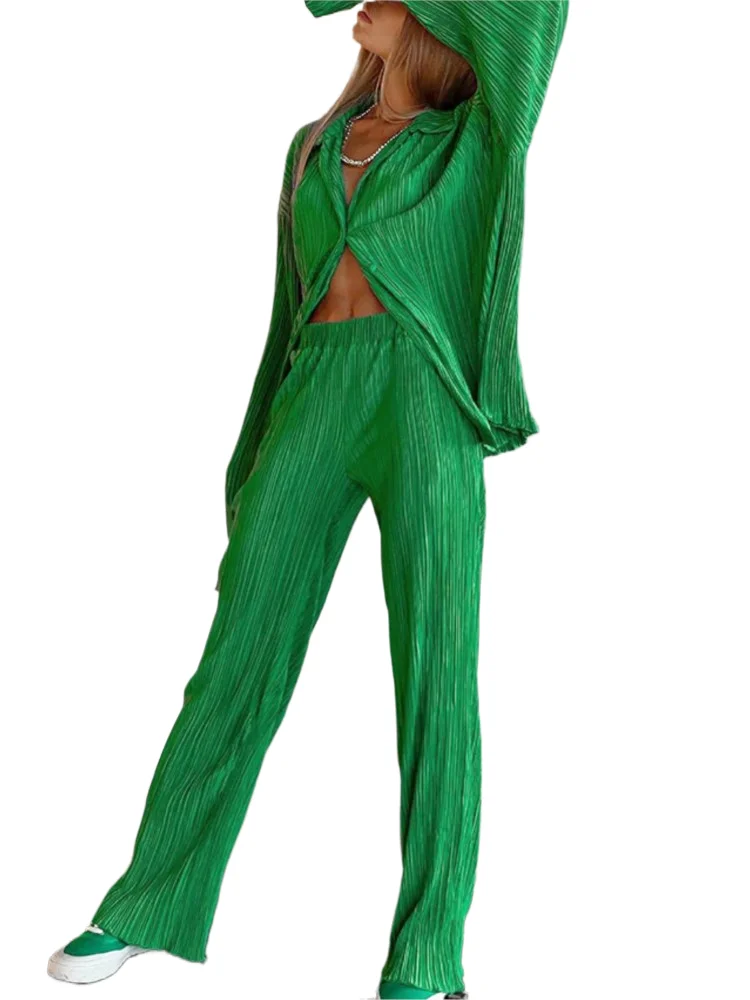

Spring And Autumn Two Piece Set Women's Pleated Lapel Blouses Loose Outfits Solid Color Drape Pleated Casual Vintage Pants Sets