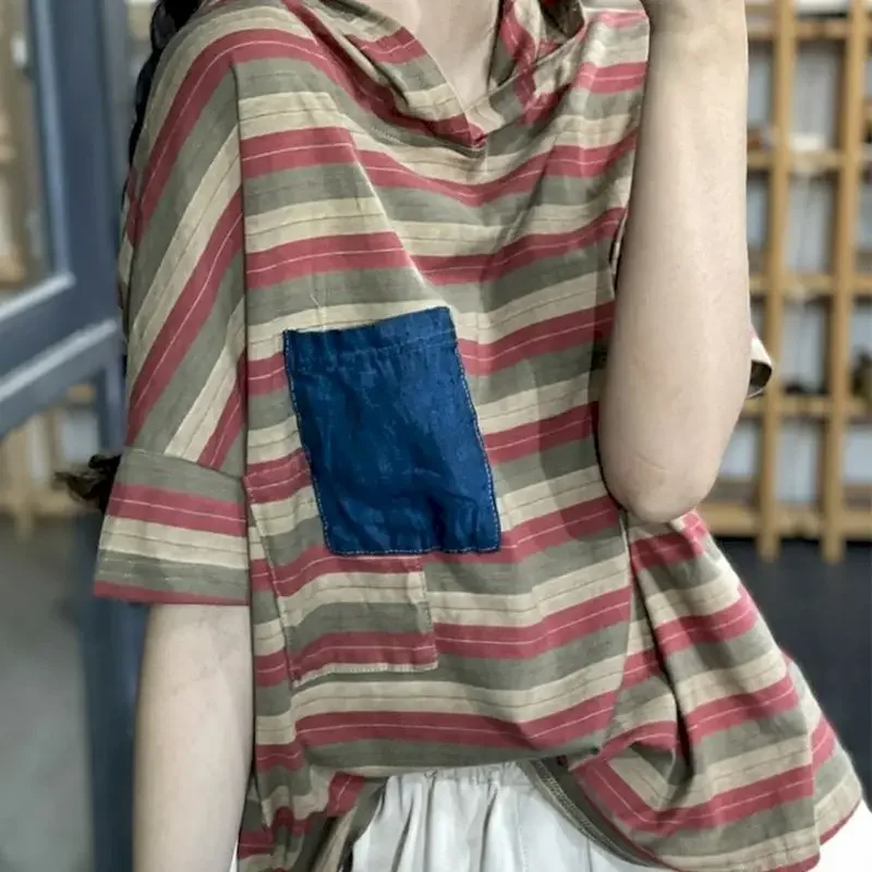 

Женская футболка с капюшоном, футболка из чистого хлопка с короткими рукавами, корейская нашивка, контрастные цветные полоски, свободные толстовки, тонкие повседневные топы, летние