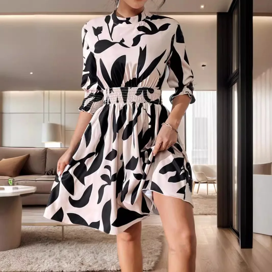 Elegant Women's Midi Dresses 2024 Summer Street Women's Printed Short Sleeved Dress Robe Jurken Met Korte Mouwen Vestido Mujer