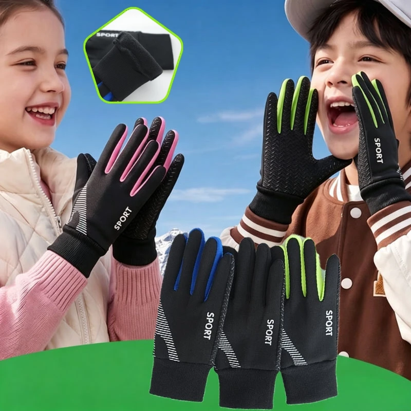 Kids Winter Warm Gloves Sports Water Resistant Anti-slip Breathable Full‑finger Mittens for Outdoor Skiing 5-13Years Boys Girls