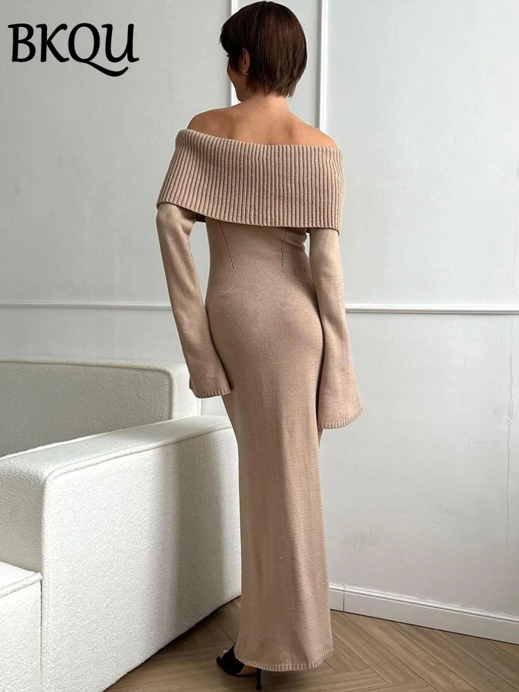 BKQU Knit Dress Women Sexy Off Shoulder Long Sleeve Bodycon Split Maxi Dresses 2024 Autumn Elegant Party Long Sweater Vestidos